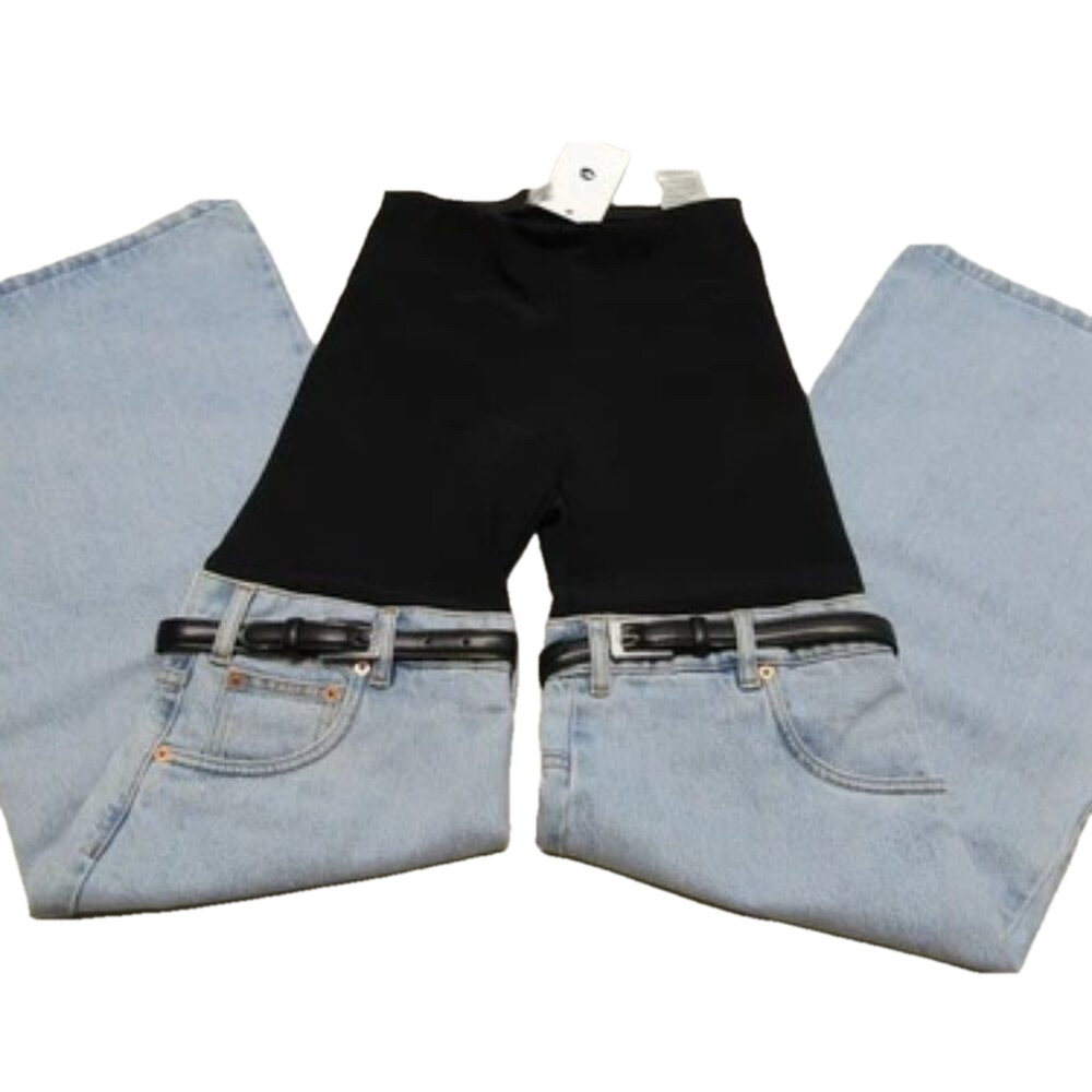 NEW COPERNI Jean Light Blue/Black Size 4 Hybrid Flare Denim Trousers Buckles